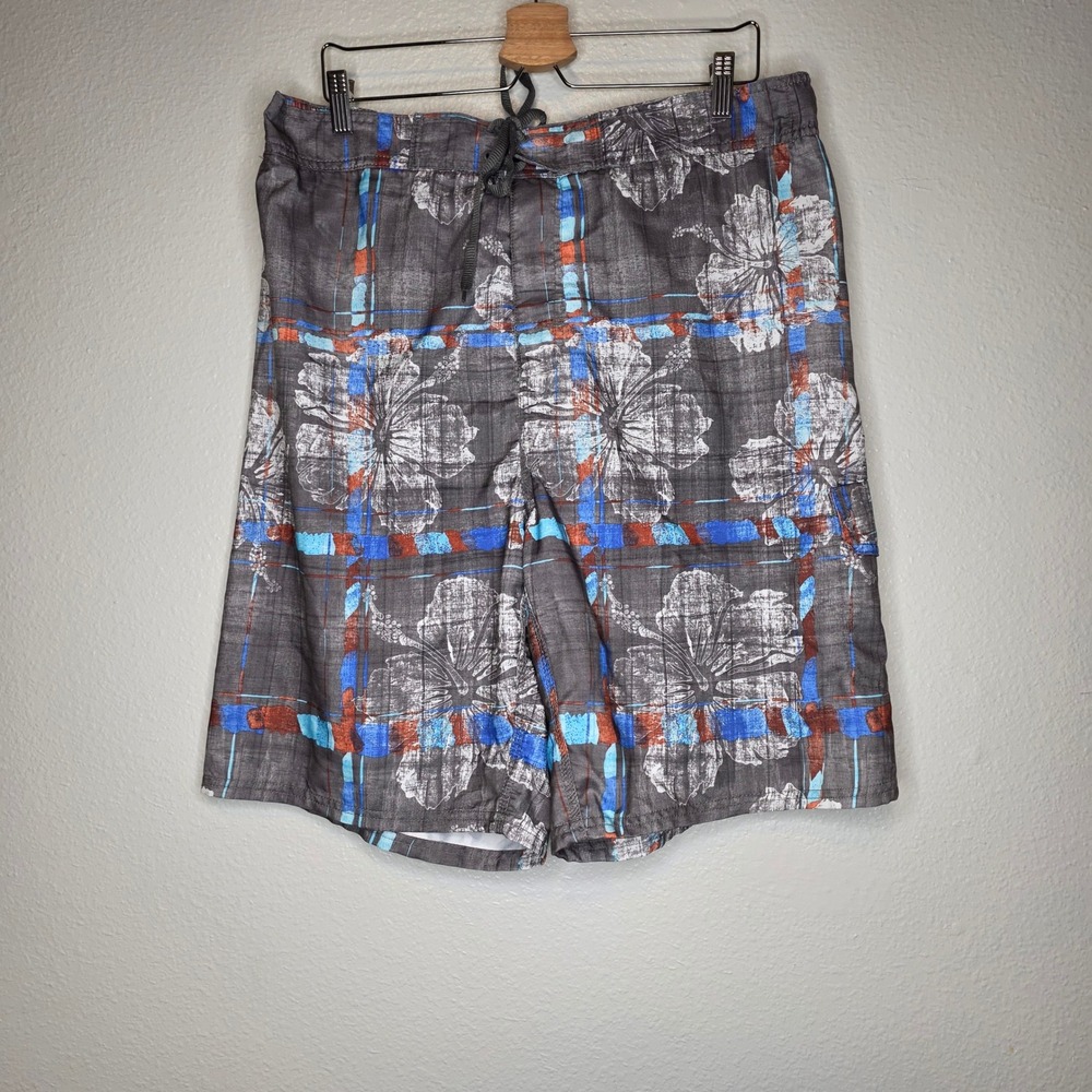 Sunshine Zone Mens Floral Plaid Swim Trunks XXL Gray Blue Orange Board Shorts